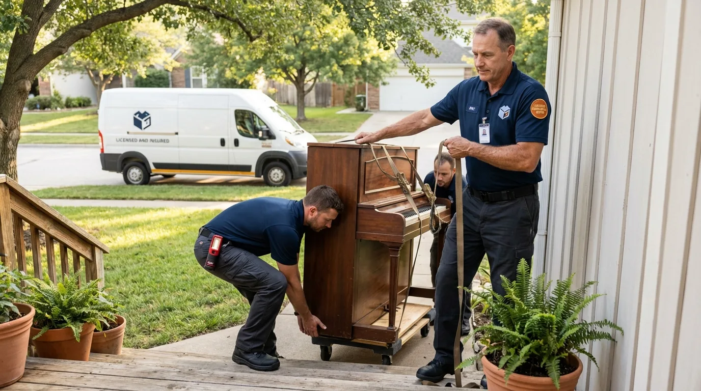 Licensed piano movers securing grand piano in Fredericksburg, PA