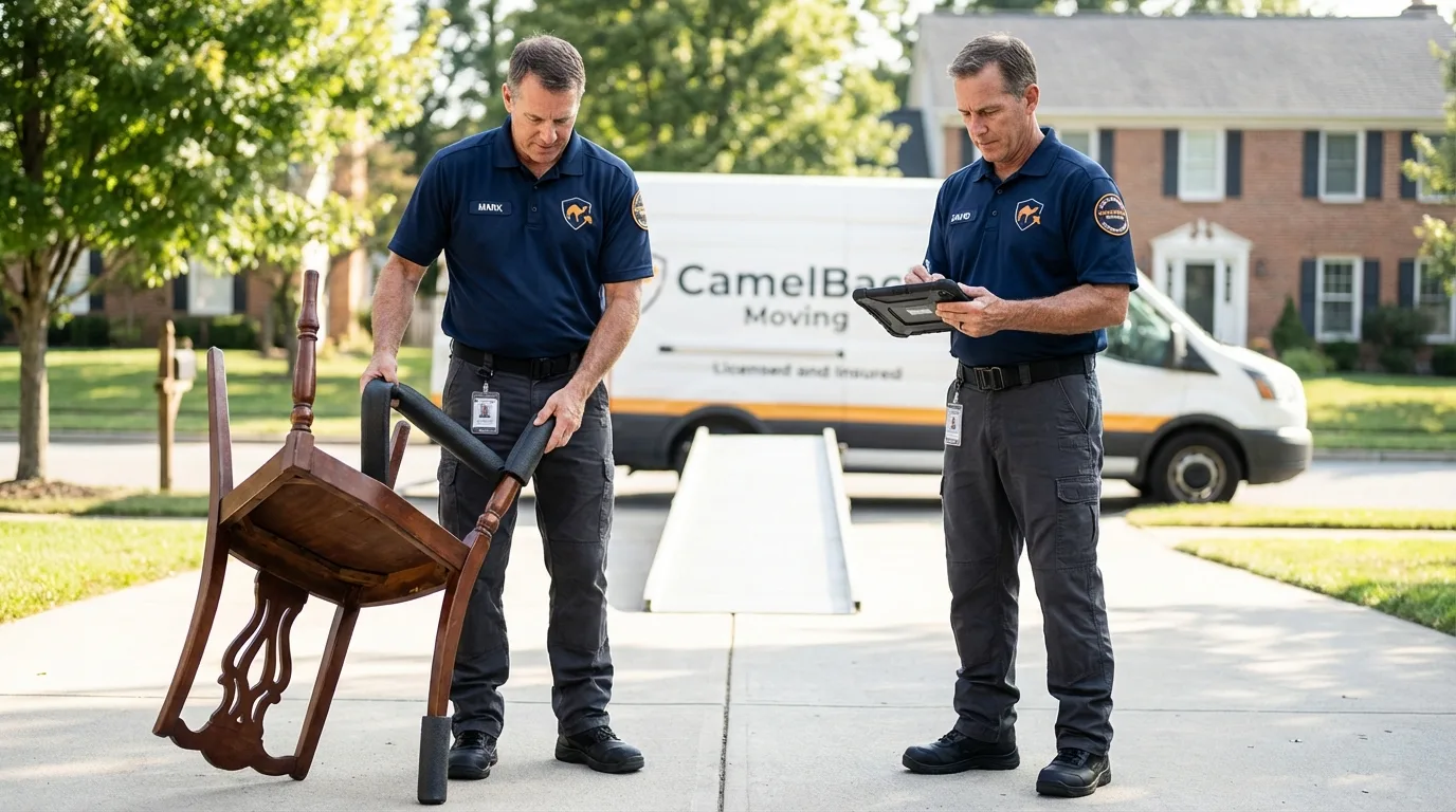Movers inspecting furniture for damage prevention before loading in Fredericksburg, PA