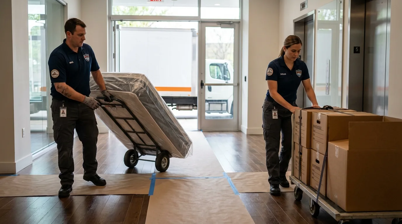 Professional apartment movers loading elevator in Fredericksburg, PA