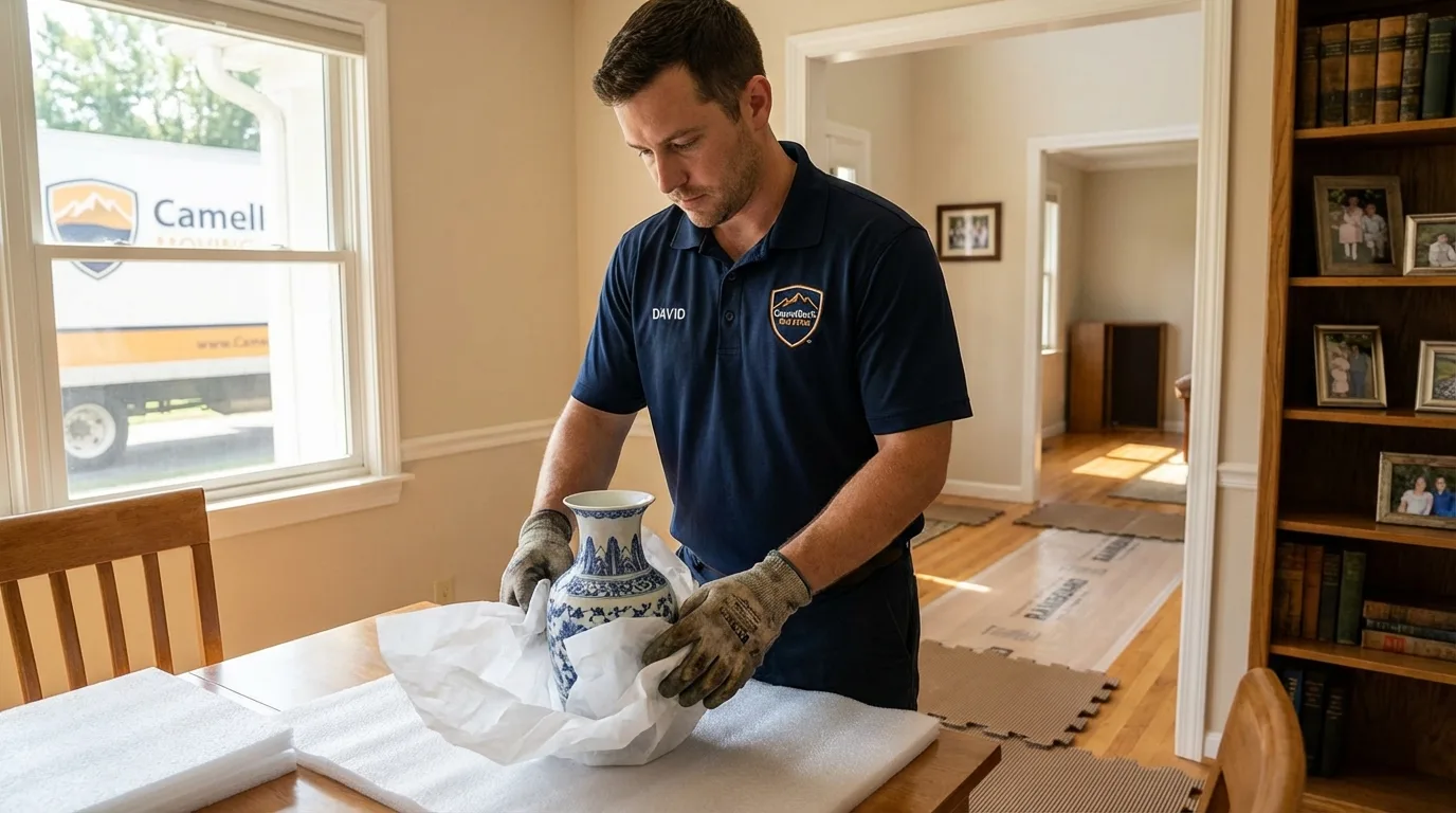 Professional crew carefully wrapping antique vase for senior downsizing move in Fredericksburg, PA